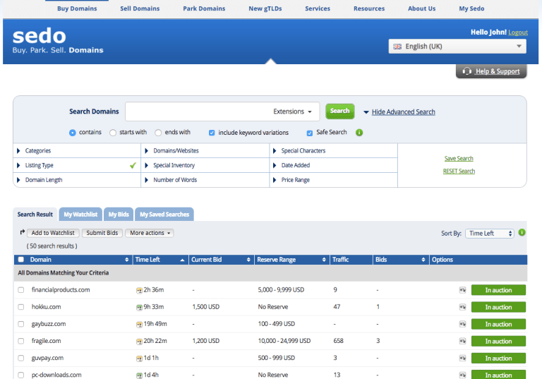 SEDO domain auctions